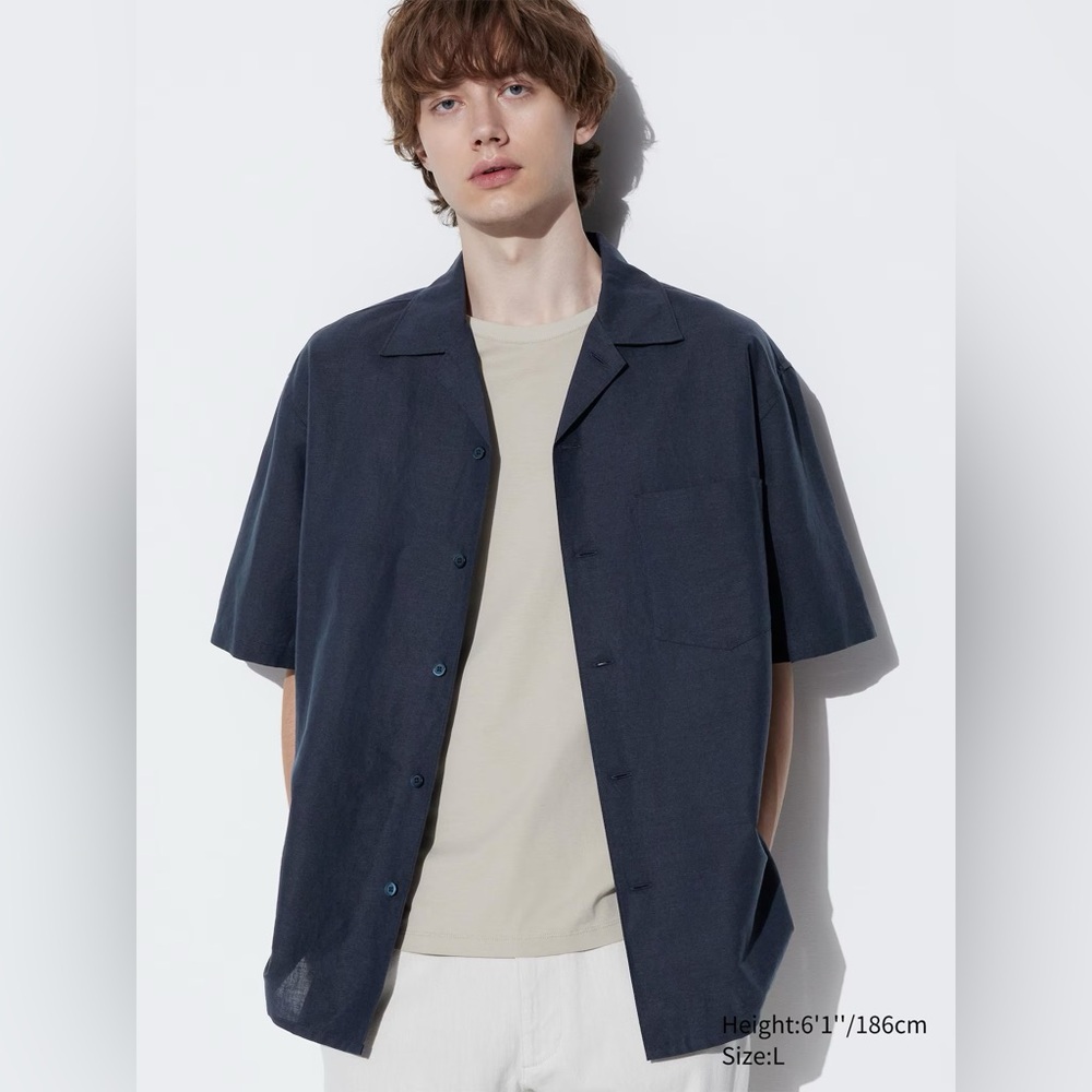 Uniqlo Open Collar Short Sleeve Shirt Cotton Linen Blend